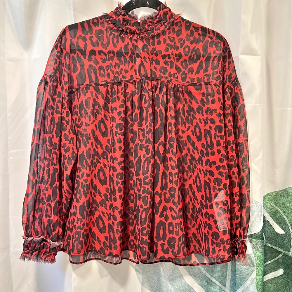 Zara Red Leopard Print Blouse Small - image 1